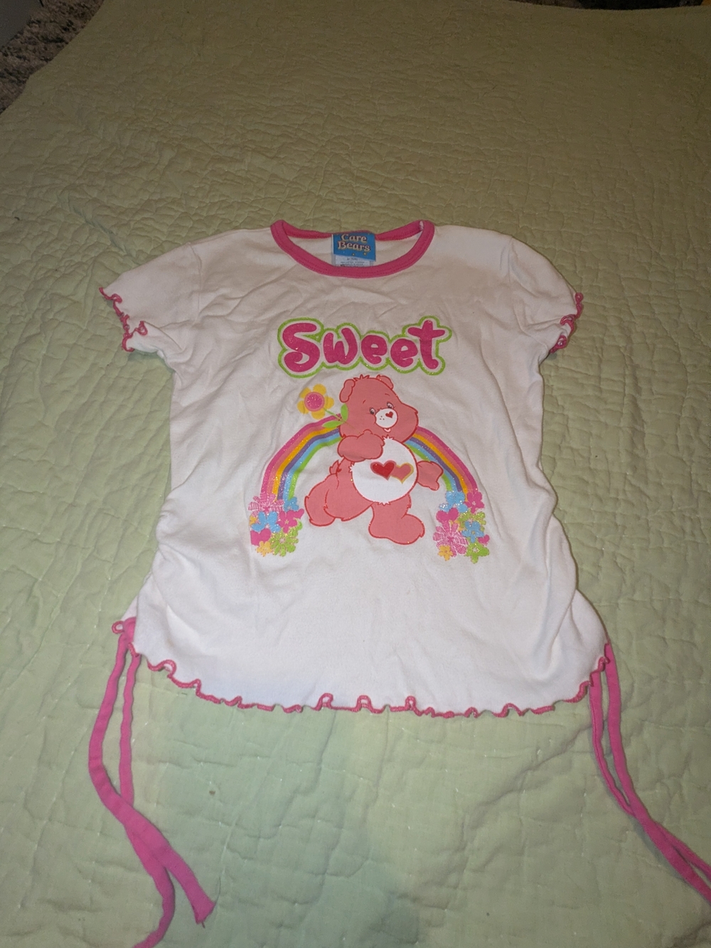 Y2K Care Bears White & Pink 'Sweet' Graphic Tee with Rainbow Bear